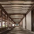 Traditional Chinese Style Hotel Corridor With Wooden Ceiling And Plant View Windows