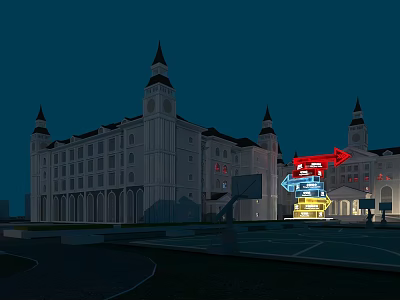 Classic Swing Door Design For Nighttime Large Building With Spires And Plaza 3d model