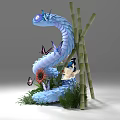 Blue Snake Shaped Art Installation With Colorful Butterflies Flowers And Green Grass