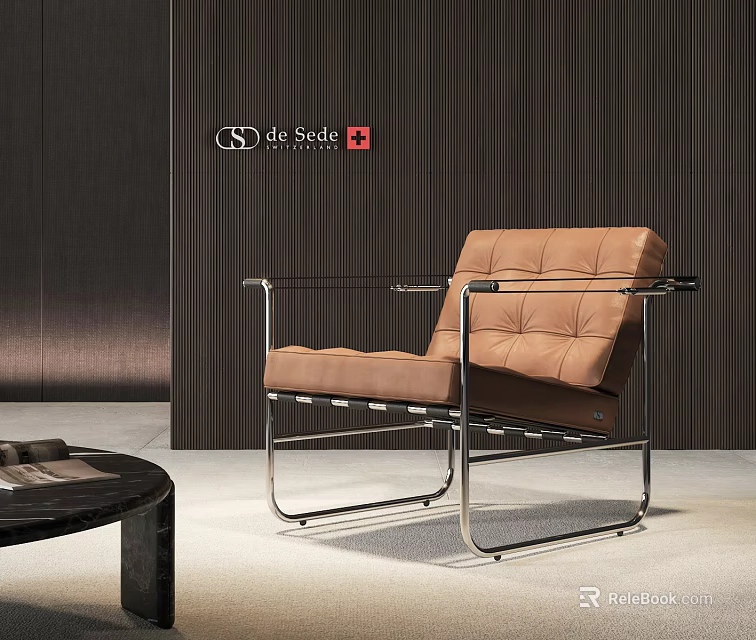 Brown Square Tufted Leisure Chair with Metal Frame and Dark Paneled Wall 3d model 