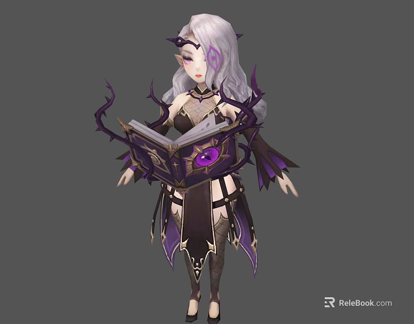 Silver Haired Character In Mystic Attire Holding Book With Eye Creature And Purple Decorations 3d model 
