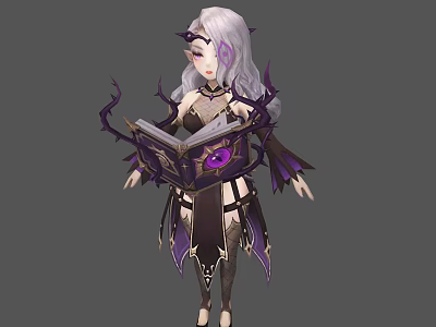 Silver Haired Character In Mystic Attire Holding Book With Eye Creature And Purple Decorations 3d model