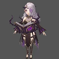 Silver Haired Character In Mystic Attire Holding Book With Eye Creature And Purple Decorations