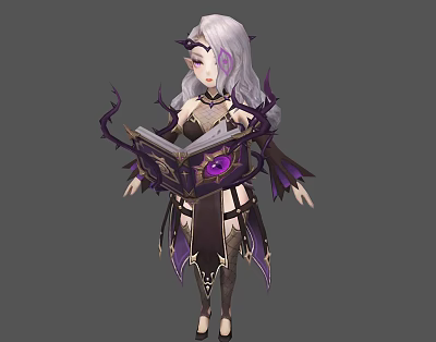 Silver Haired Character In Mystic Attire Holding Book With Eye Creature And Purple Decorations 3d model