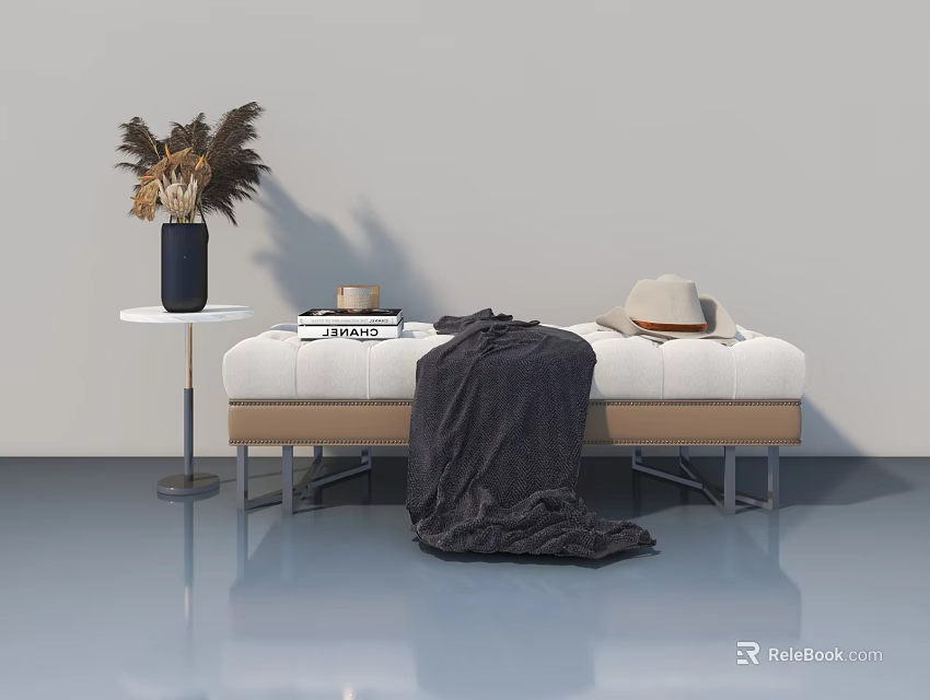 Modern Hinged Door Interior With Bench Blanket Dried Flowers And Small Table 3d model