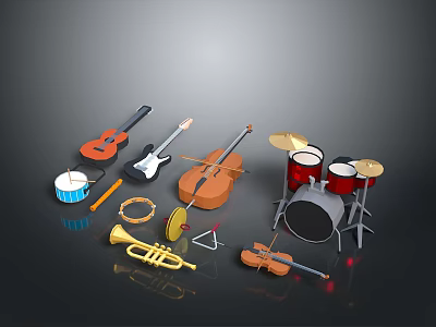 Household Musical Instruments Collection With Guitar Bass Violin Trumpet And Drum Set 3d model