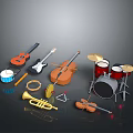 Household Musical Instruments Collection With Guitar Bass Violin Trumpet And Drum Set