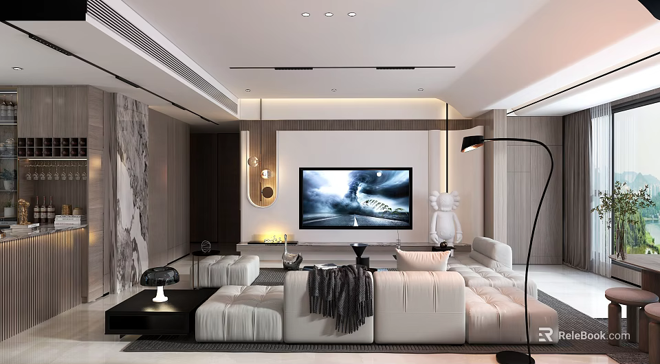 Modern Living Dining Room Interior Design With White Sofa TV And Floor Lamp 3d model 