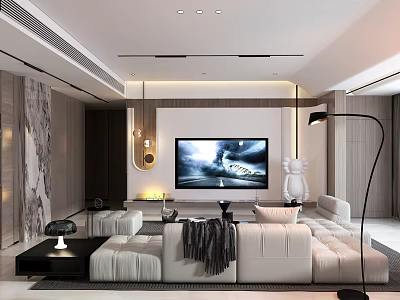 Modern Living Dining Room Interior Design With White Sofa TV And Floor Lamp 3d model
