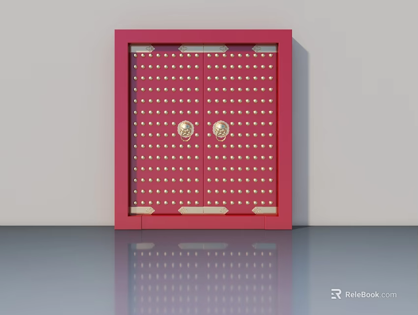 Red Double Swing Door With Golden Rivets And Brass Door Knockers In Traditional Style 3d model 