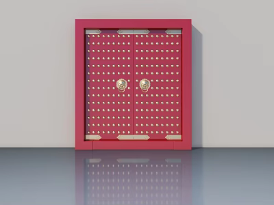 Red Double Swing Door With Golden Rivets And Brass Door Knockers In Traditional Style 3d model