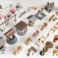Garden Ornaments Collection With Wooden Tools Stone Structures Wheelbarrows And Decorative Items 3d model