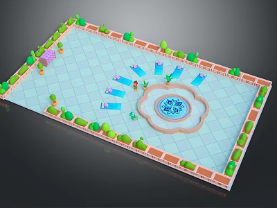 Cartoon Scene With Square Blue Floor Green Plants Orange Borders Circular Decoration And Lounge Chairs 3d model