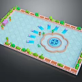 Cartoon Scene With Square Blue Floor Green Plants Orange Borders Circular Decoration And Lounge Chairs