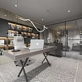 Modern Office Interior With Comfortable Sofa Coffee Table Chandelier Open Layout And Stylish Rug