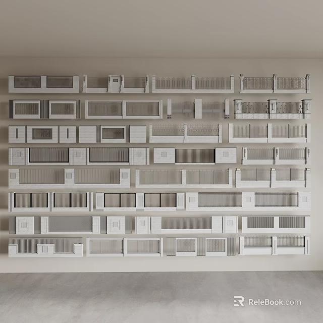 Building Facade With Various Grille Panel And Ventilation Designs In White Gray Tones 3d model