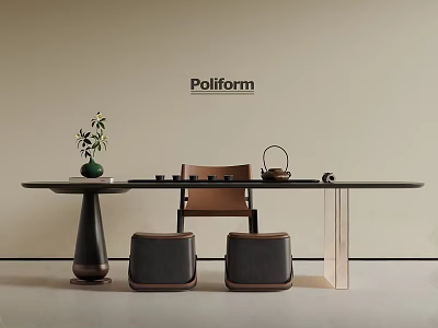 Modern Tea Table And Chairs With Sleek Design Tea Set And Green Plant 3d model