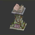 Decorative Household Item With Open Book On Stone Pedestal And Green Vines