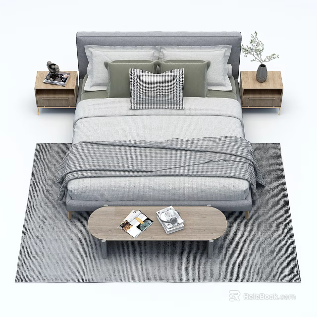 Modern Double Bed Setup with Gray Bedding Pillows Wooden Bedside Tables and Coffee Table 3d model