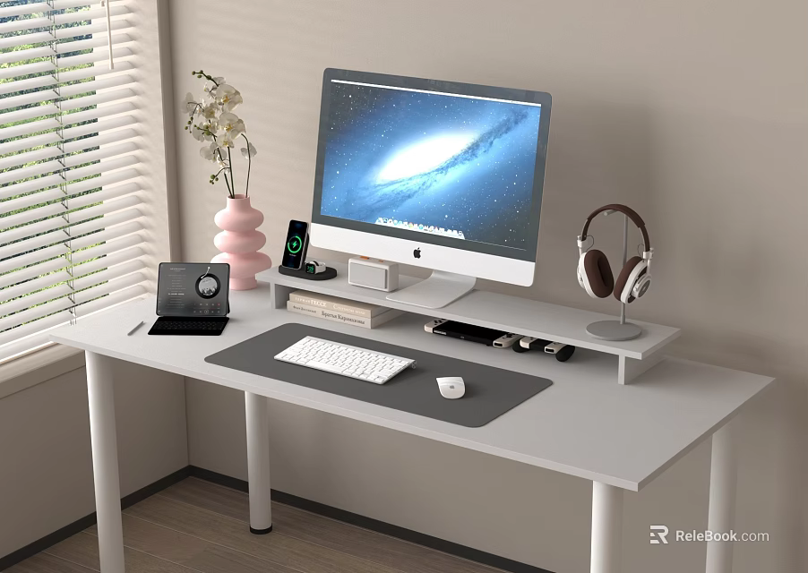 Modern Desktop Computer Setup on White Desk With Keyboard Mouse Headphones Flower Vase Window Blinds 3d model 