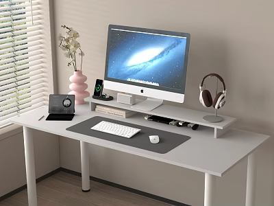Modern Desktop Computer Setup on White Desk With Keyboard Mouse Headphones Flower Vase Window Blinds 3d model