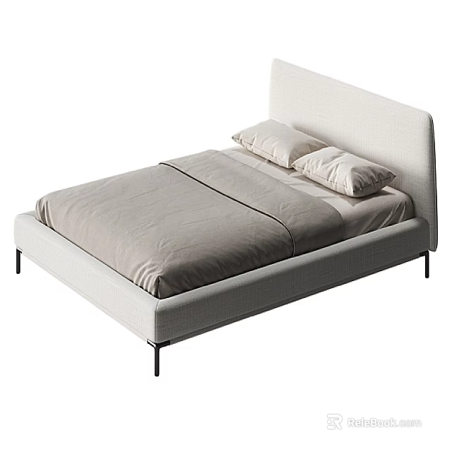 Modern Double Bed With Upholstered Headboard Light Gray Bedding And Black Metal Legs 3d model 