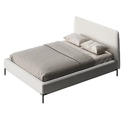Modern Double Bed With Upholstered Headboard Light Gray Bedding And Black Metal Legs 3d model