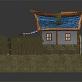 3D Cartoon Scene Featuring Cute House Blue Roof Striped Awning Wooden Fence And Small Boat