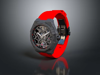Modern Mechanical Watch With Red Strap Black Case And Stylish Skeleton Dial 3d model
