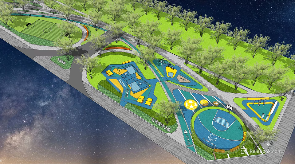Well Designed Park Landscape Featuring Green Lawns Trees Paths And Play Areas 3d model 