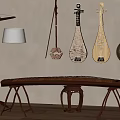 Traditional Chinese Musical Instruments Display With Wall Mounted Pipa Guzheng And Floor Lamp