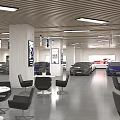 Modern Car Showroom Interior With Lounge White Tables Black Chairs Bookshelves And Green Plants