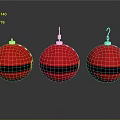 Red Christmas Ornaments With Black Stripes And Metallic Hooks On Gray Surface