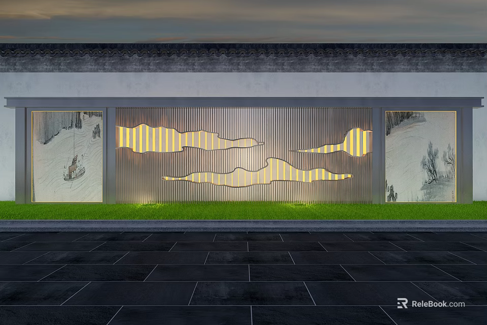 Modern Garden Landscape With Illuminated Wave Shaped Panels Green Lawn And Stone Pavement 3d model 
