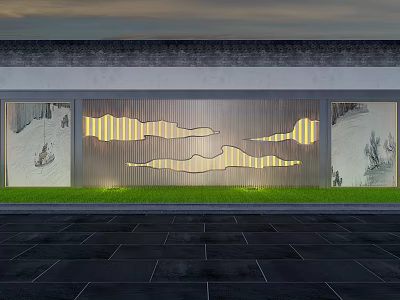 Modern Garden Landscape With Illuminated Wave Shaped Panels Green Lawn And Stone Pavement 3d model