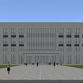 Modern Office Building Exterior With Large Glass Windows Central Entrance Paved Square And Green Lawn
