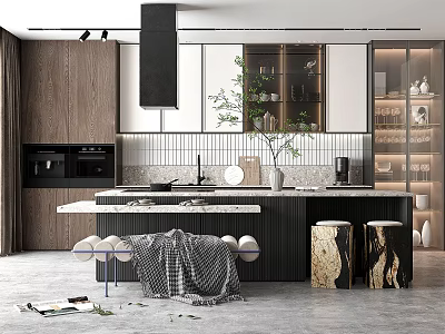 Modern Kitchen Design With Wooden Cabinets Island Counter And Pendant Lights 3d model