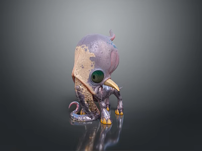 Cute Purple Yellow Octopus 3D Model With Large Green Eyes And Tentacles 3d model