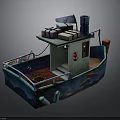 Small Blue Cargo Boat Featuring Cabin Packages Chimney Lifebuoy And Oar