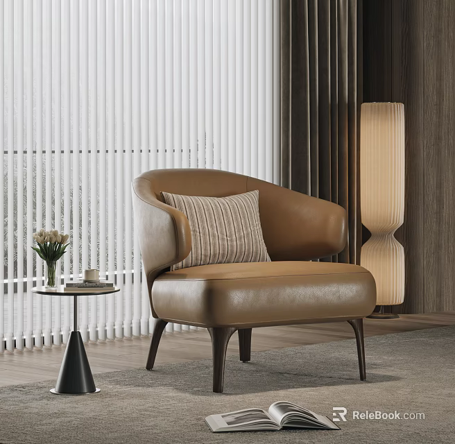 Modern Brown Leather Single Sofa With Striped Cushion Side Table And Floor Lamp 3d model