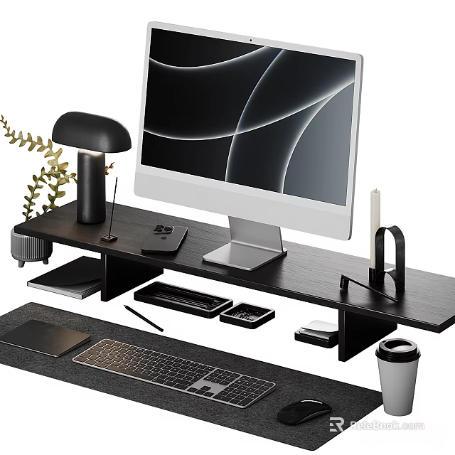 Modern Computer Desktop Setup With Monitor Keyboard Mouse Pad Desk Lamp And Green Plant 3d model 