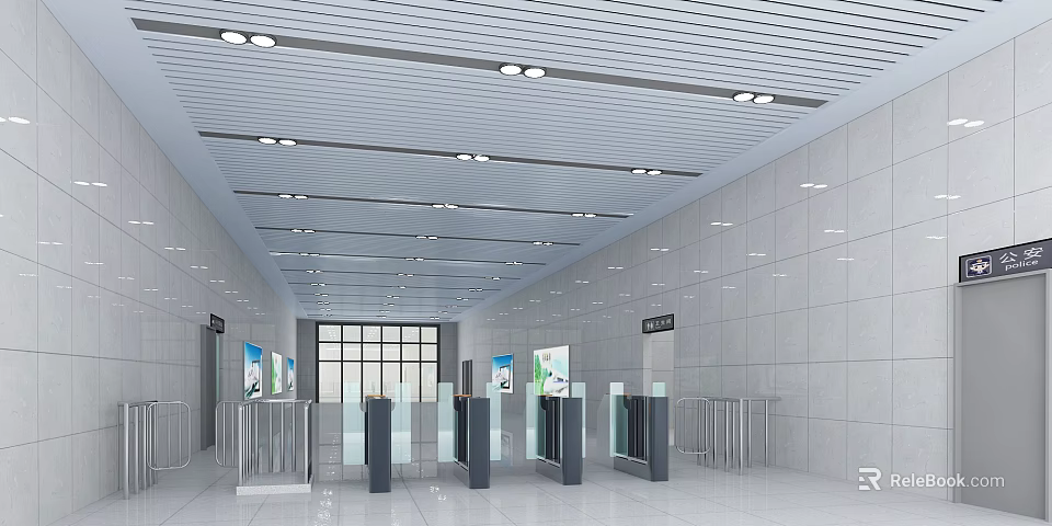 Public Hall Interior With Glass Turnstiles Signage Posters And Ceiling Lighting 3d model 