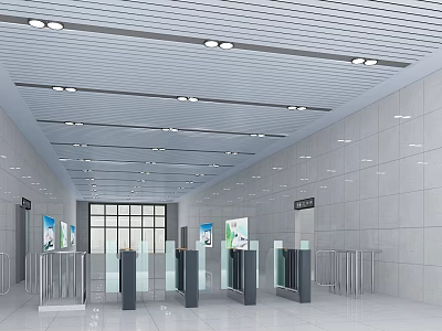 Public Hall Interior With Glass Turnstiles Signage Posters And Ceiling Lighting 3d model