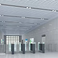 Public Hall Interior With Glass Turnstiles Signage Posters And Ceiling Lighting