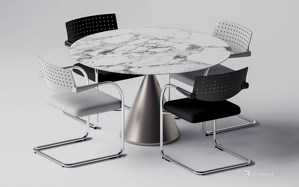 Round Marble Top Dining Table Set With Metal Cone Base And Four Perforated Chairs 3d model