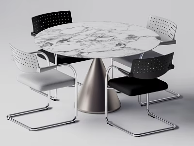 Round Marble Top Dining Table Set With Metal Cone Base And Four Perforated Chairs 3d model