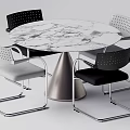 Round Marble Top Dining Table Set With Metal Cone Base And Four Perforated Chairs 3d model