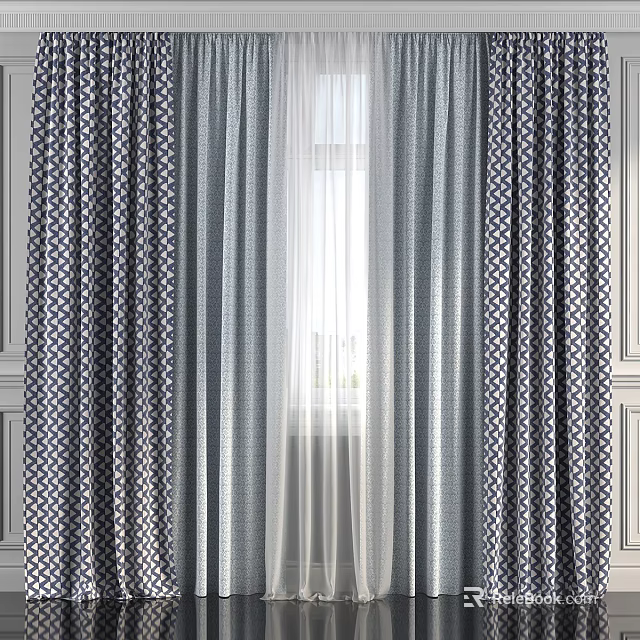 Blue And White Geometric Pattern Curtains With Sheer Layer For Window Decoration 3d model 