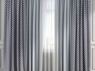 Blue And White Geometric Pattern Curtains With Sheer Layer For Window Decoration 3d model