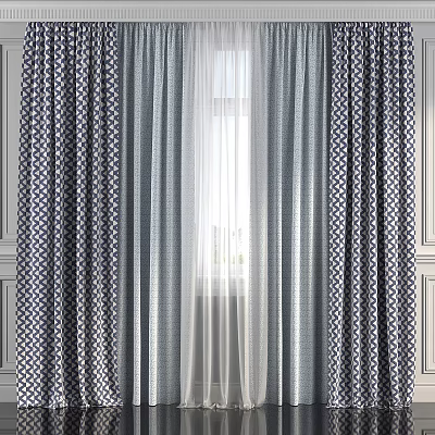 Blue And White Geometric Pattern Curtains With Sheer Layer For Window Decoration 3d model